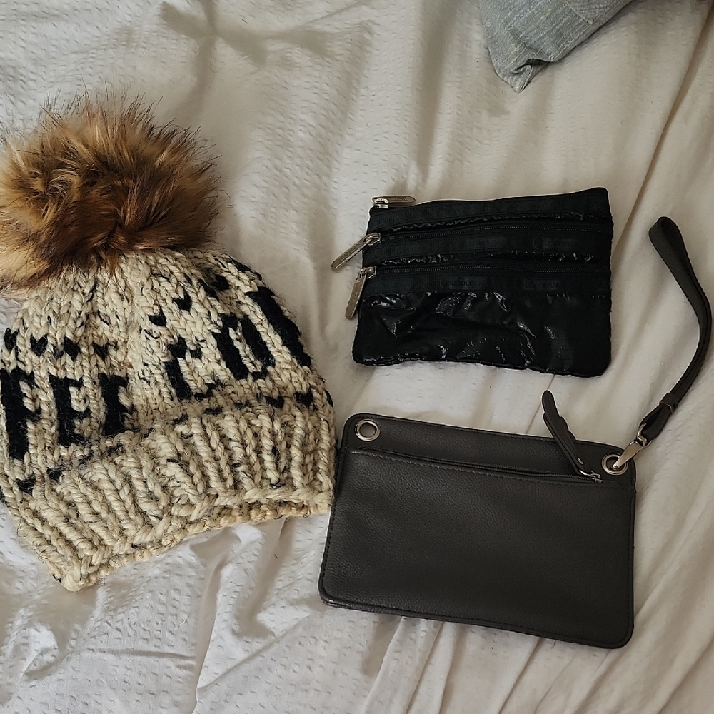 Lesportsac Knit Beanie and Black Wristlet Set